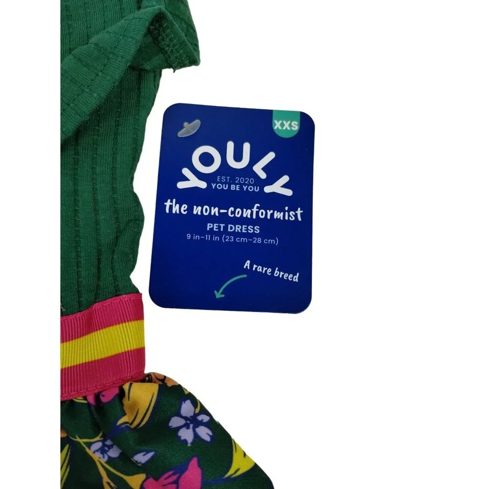 Youly Dog XXS 9 in Green Ruffle Shirt Floral Pet Dress